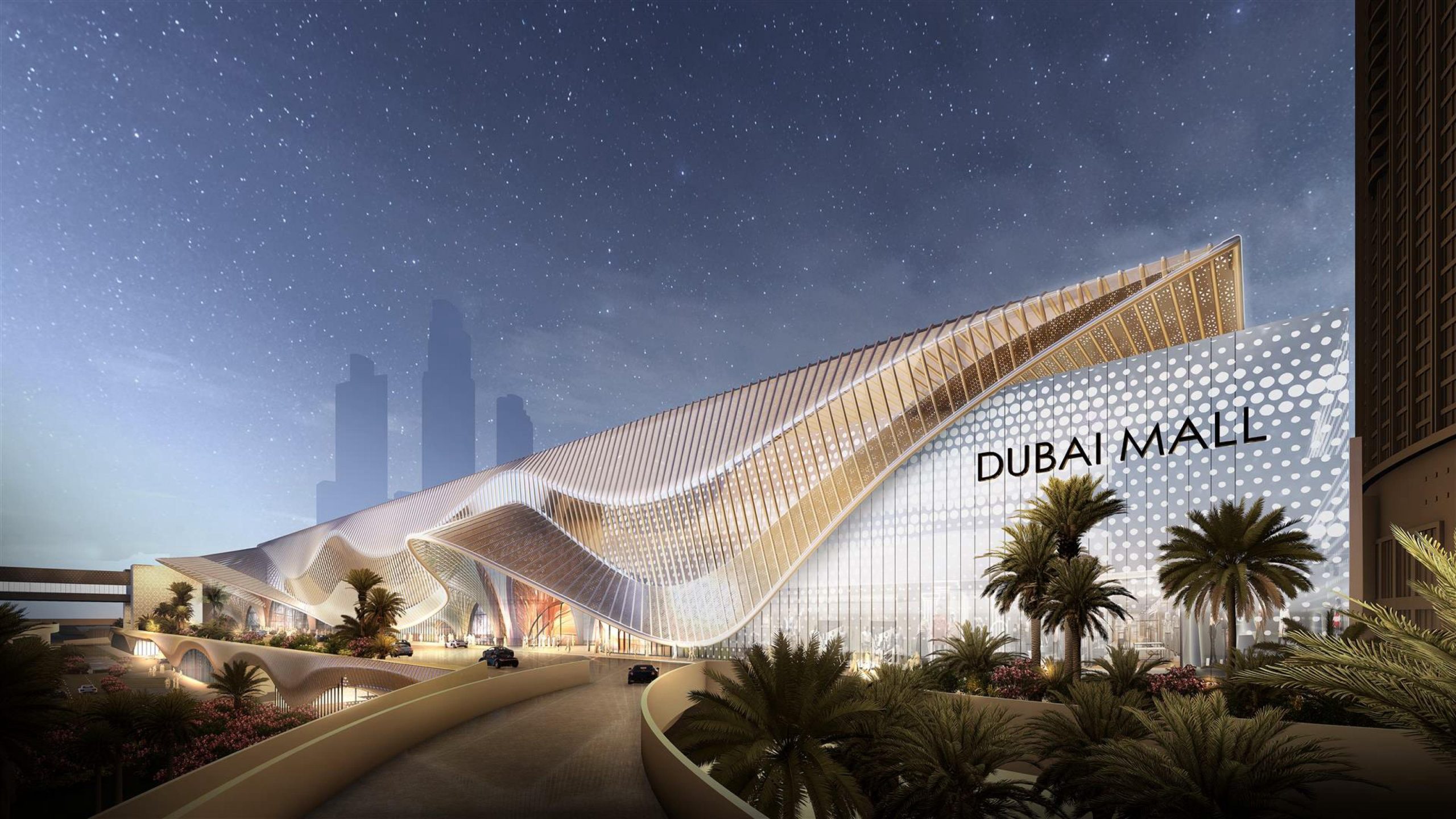 Dubai outlet shopping mall exterior with palm trees
