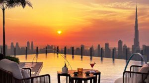 Luxury hotels in Dubai skyline view at sunset