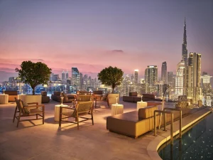 Rooftop bars in Dubai skyline view at sunset