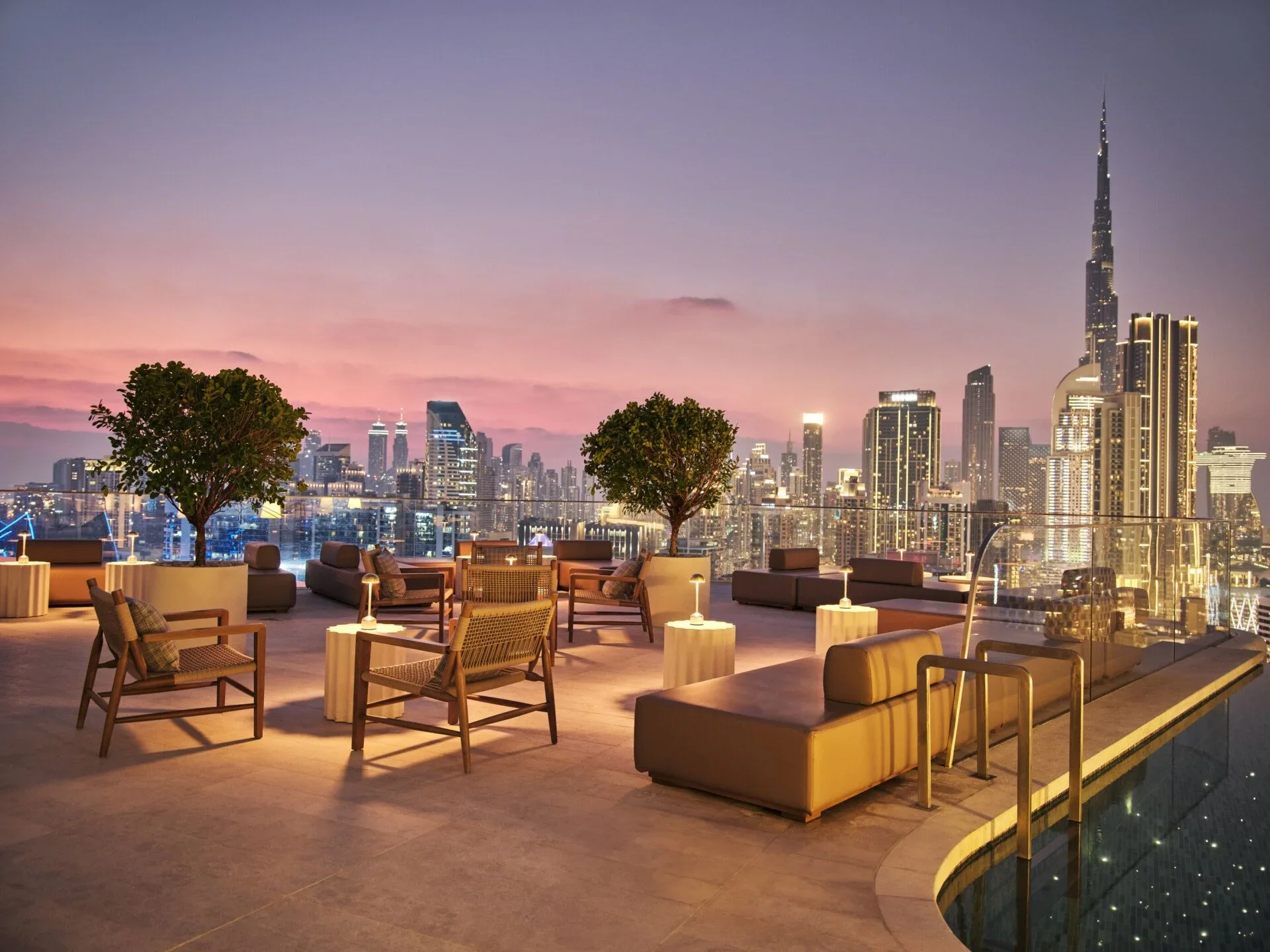 Rooftop bars in Dubai skyline view at sunset