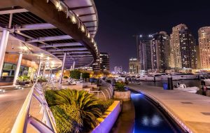 Dubai Marina nightlife waterfront walkway at night