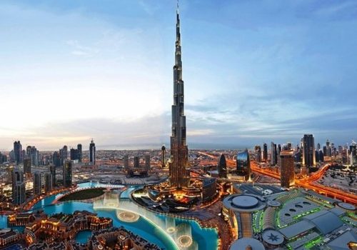Burj Khalifa Dubai skyline view at sunset