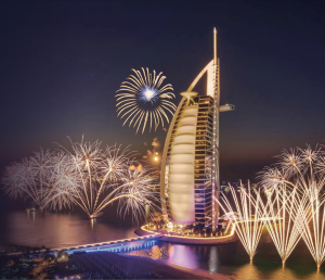 Dubai Shopping Festival fireworks display over Burj Lake