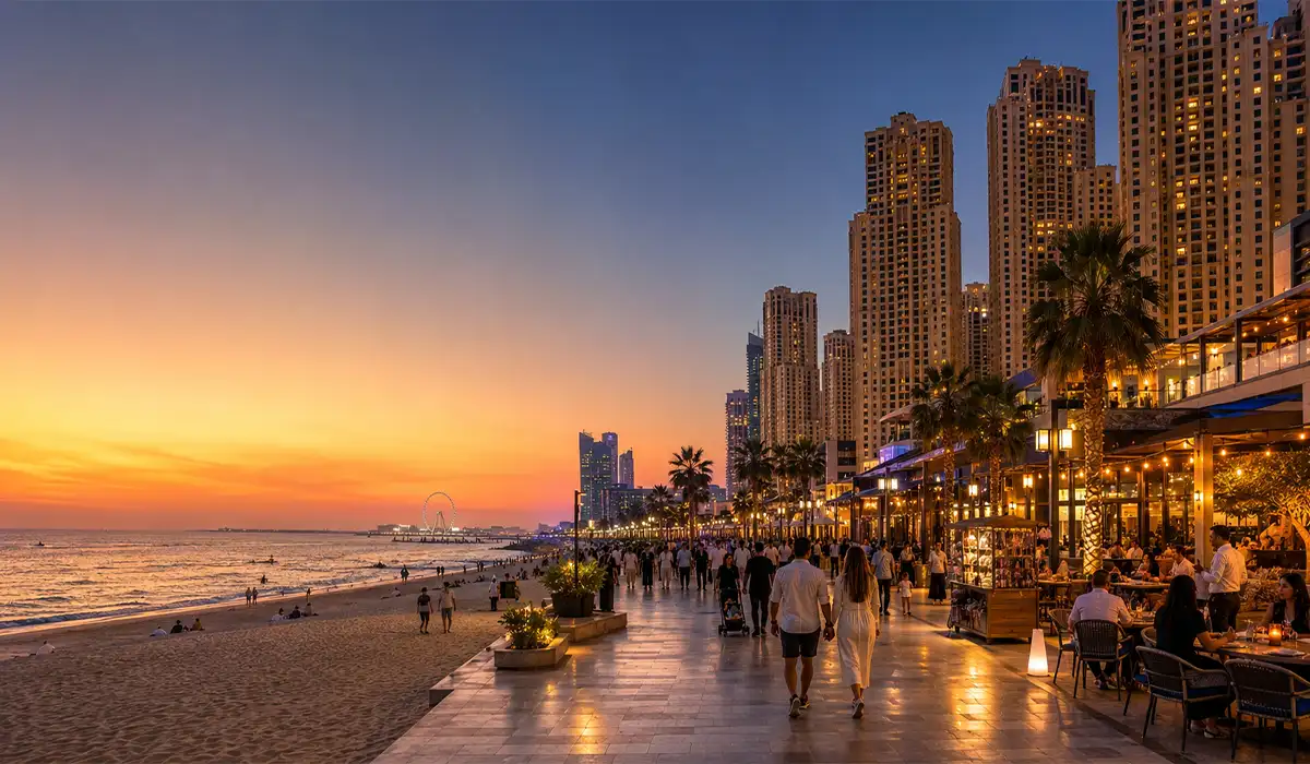 JBR Walk Dubai promenade near the beach at sunset