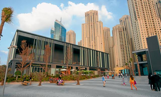 Shops and restaurants along The Beach JBR retail strip
