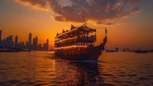 Dubai Marina sunset cruise boat at golden hour