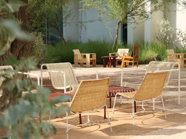 Garden seating area at a wellness café in Dubai